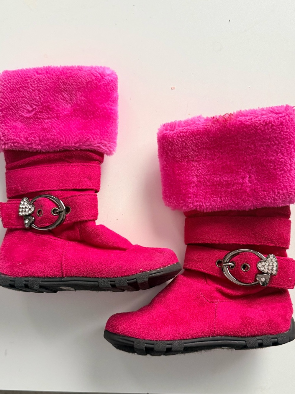 Girls Plush Cuff Pink Mid-Calf Boots with Heart Buckle